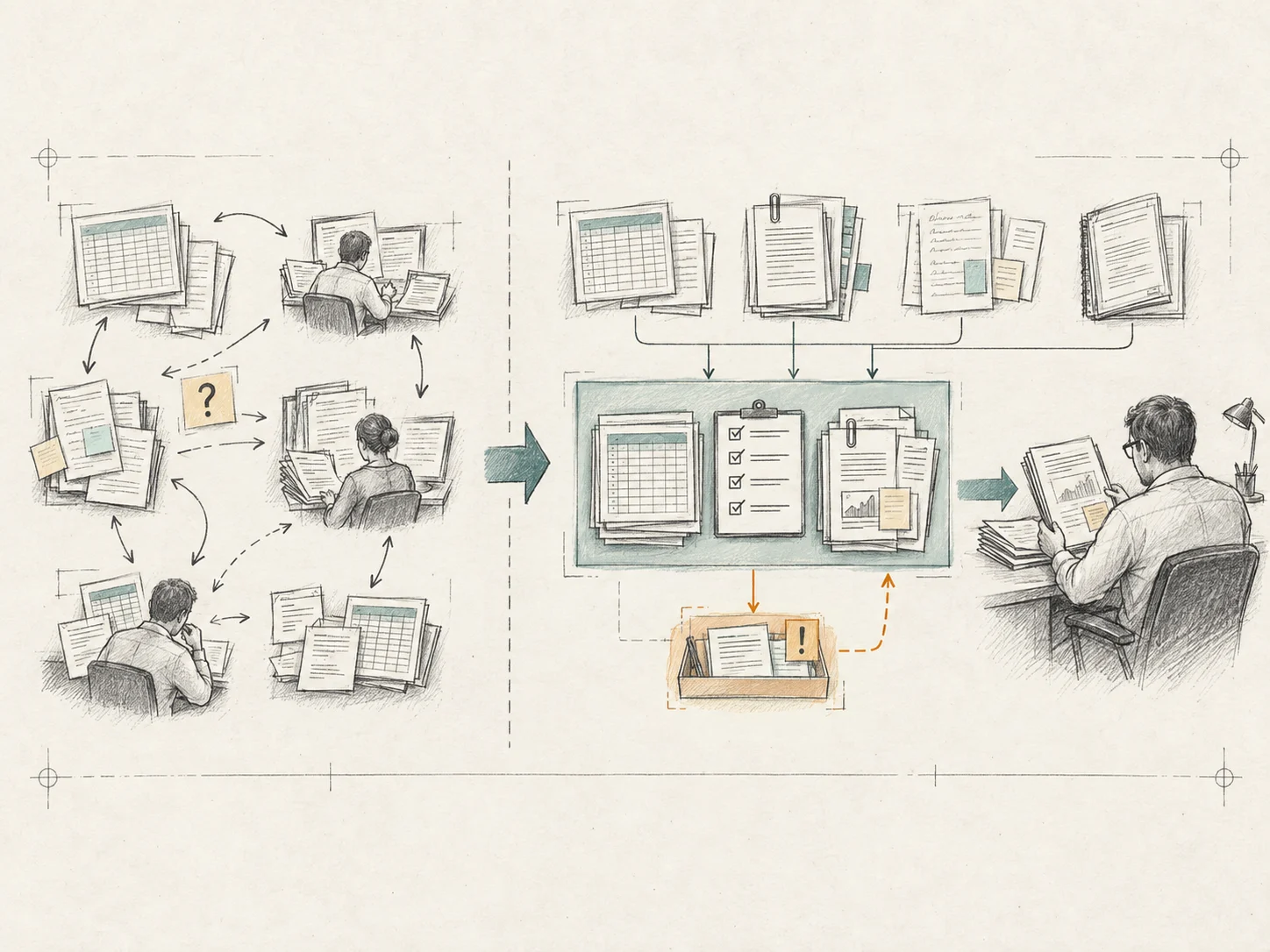 Before: finance teams gather, reconcile and chase information across documents and spreadsheets. After: coordinated preparation brings checked records, evidence and exceptions into a review pack for a finance professional; exceptions return for correction.